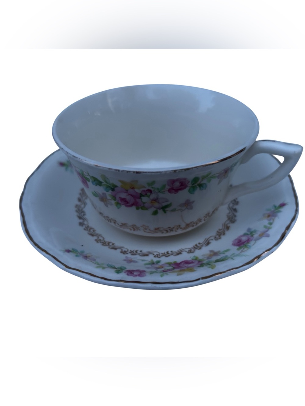 Vintage Floral Porcelain Teacup & Saucer Set Gold Filigree Trim 4 sets available